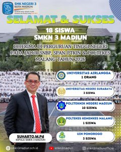 Read more about the article SELAMAT DAN SUKSES SISWA  SMKN 3 MADIUN DITERIMA DI PERGURUAN TINGGI NEGERI PADA JALUR SNBP, SPAN-PTKIN & POLTEKES MALANG TAHUN 2026