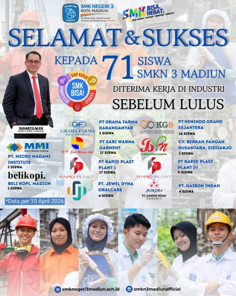Rekrutmen Siswa SMKN 3 MADIUN Sebanyak 71  siswa diterima kerja di Industri Sebelum Lulus